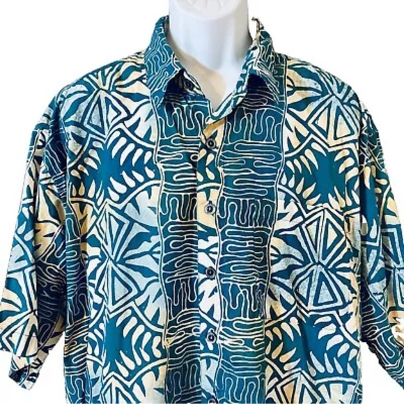 Johari West Shirt Mens 2XL Button Down Beige Blue Green Floral Hawaiian Camp - Picture 2 of 10